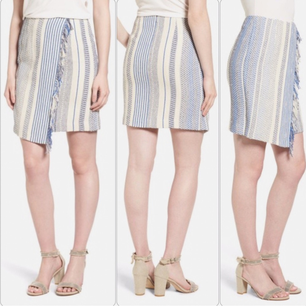 NWT Halogen Women Faux Wrap Skirt 4 Blue Ivory Textured Striped Fringe Office
